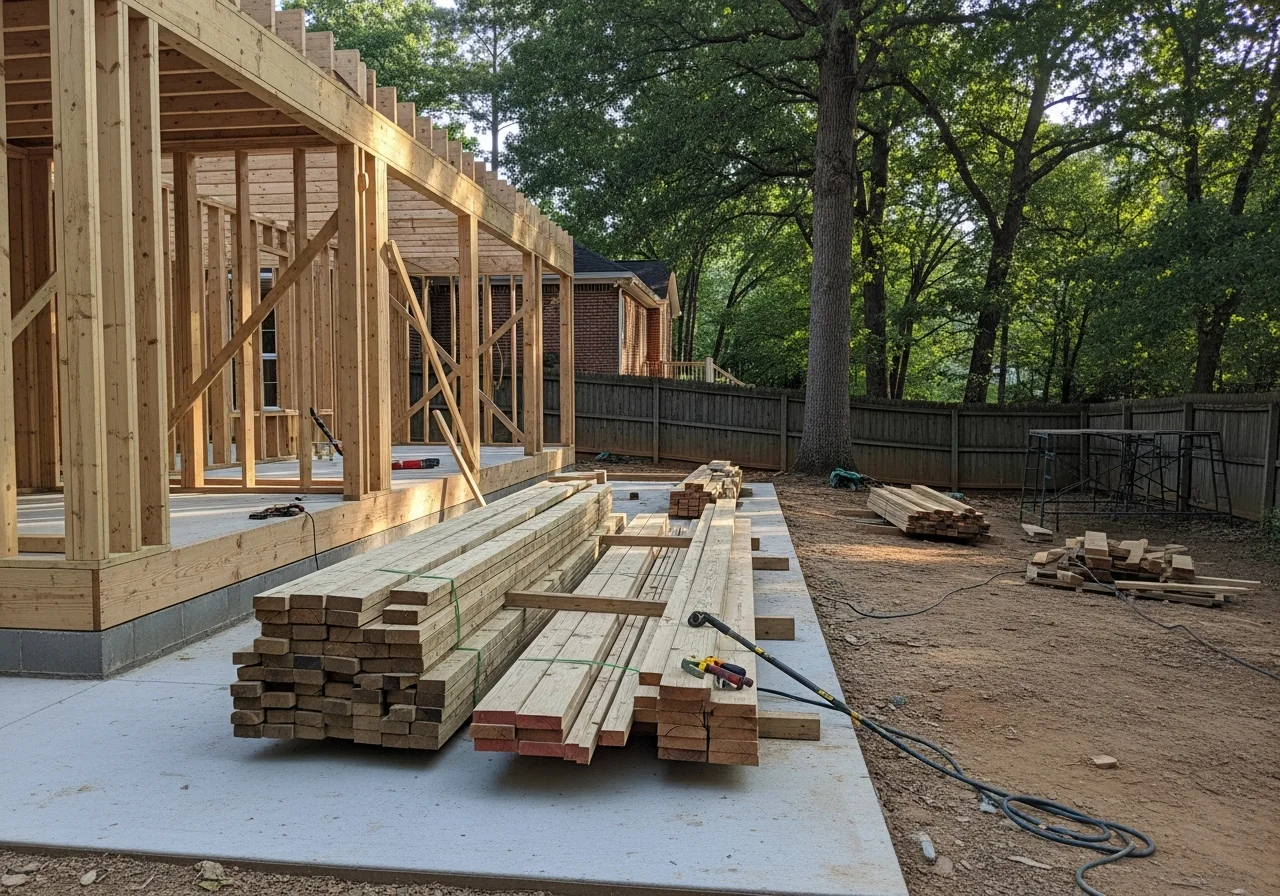 Construction crew or job site showing framing materials, tools, and structural work in progress—representing the hands-on carpentry and remodeling services offered.