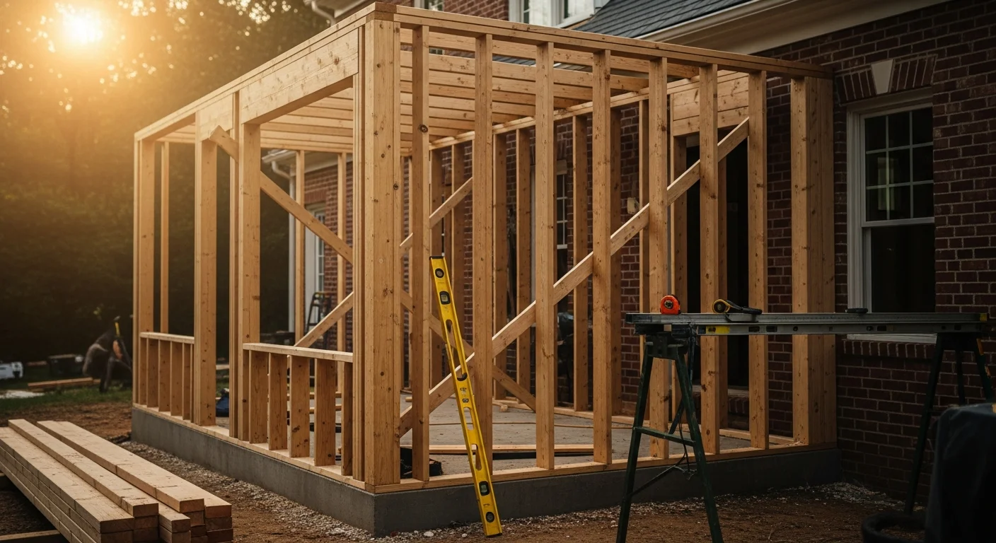 Custom home addition under construction with structural framing visible