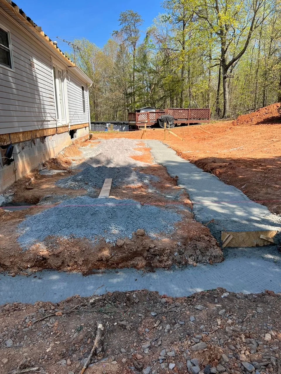 Concrete foundation pad and gravel base preparation for residential installation