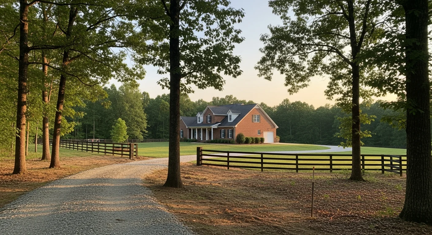 Rural Buckingham property with mature trees and open land, showing a well-maintained residential structure set back from the road.
