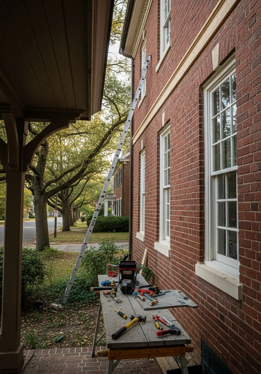 Tradesperson installing or repairing exterior elements on a Charlottesville home, with neighborhood context visible in background.