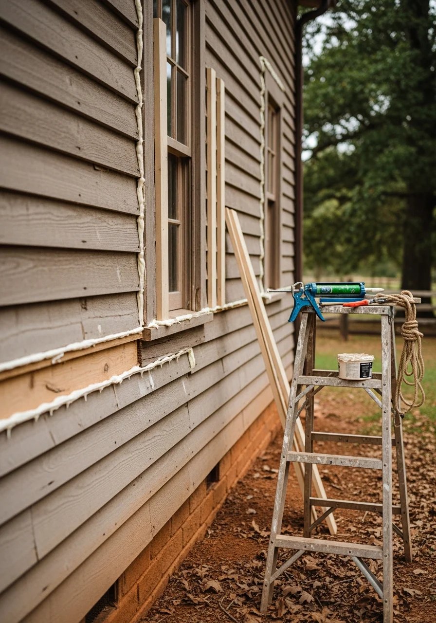 Tradesperson working on exterior repair or maintenance of a rural Cumberland property, showing skilled hands-on work.