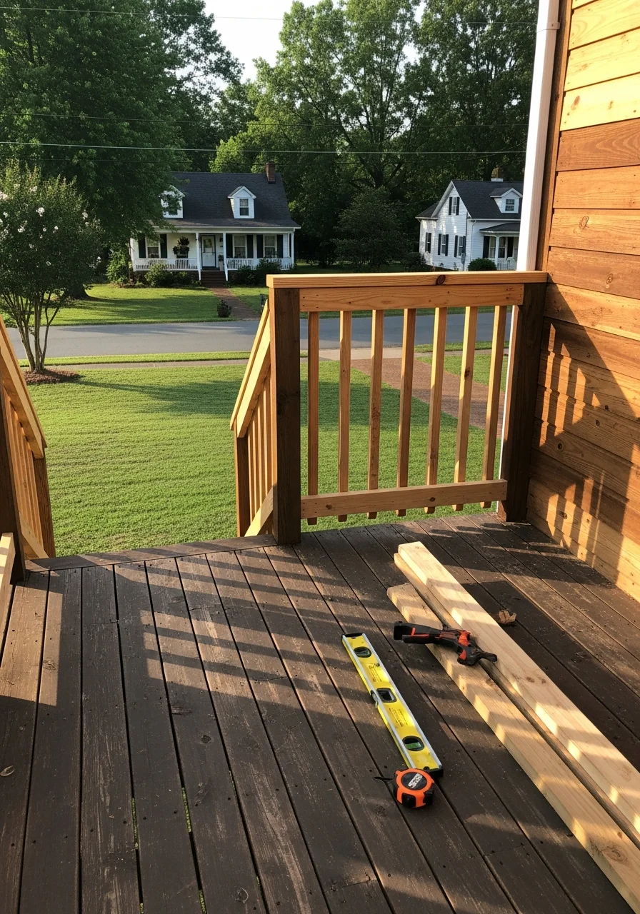 Tradesperson working on home exterior repair or installation in Powhatan, with residential neighborhood setting visible.