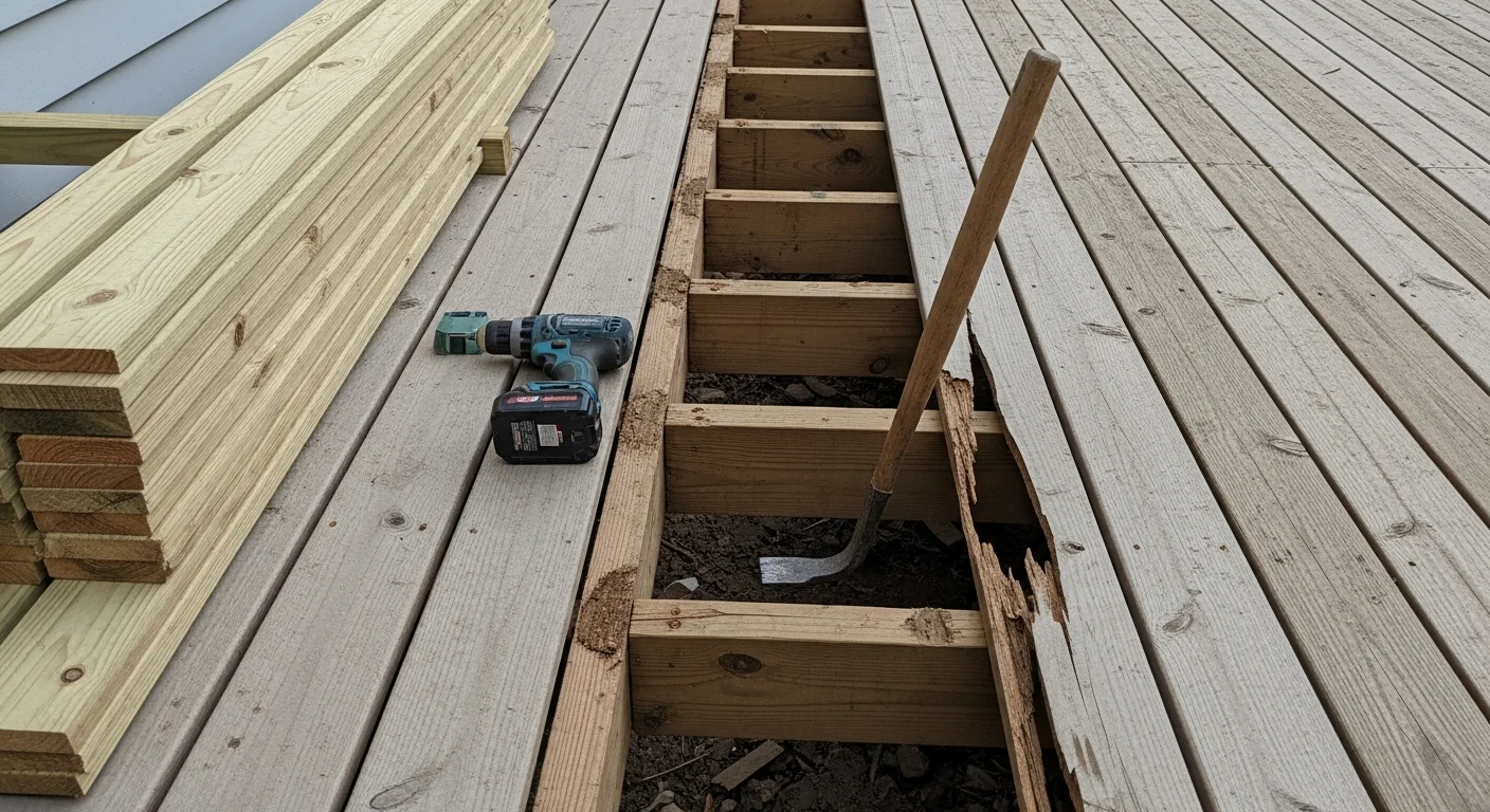 A repaired wood deck on a residential home in Buckingham, VA, showing replaced decking boards and secured railings. The structure is set against a rural Virginia backdrop with visible fresh lumber integrated into the existing frame.