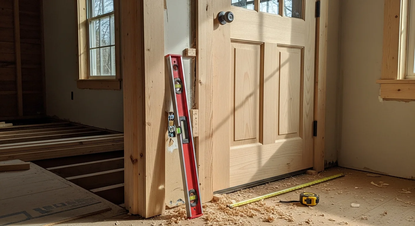 A newly installed exterior entry door on a rural residential home in Buckingham, VA, with a clean frame, tight seal, and finished trim. A carpenter checks the door swing and latch alignment during final inspection.