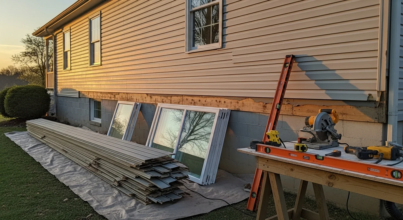 Freshly remodeled exterior of a wood-framed home in Buckingham, VA, showing new siding, updated trim, and a rebuilt front porch. Work completed by Moore Construction LLC, a general contractor serving Buckingham County.