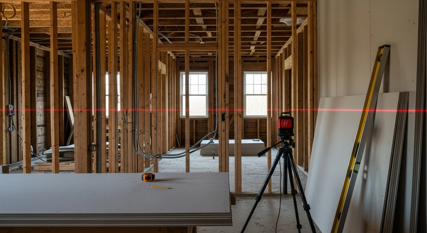 Renovated interior of a Buckingham, VA home showing an updated open-concept living and kitchen area with new flooring and fresh drywall. Work completed by Moore Construction LLC, a licensed general contractor serving Buckingham County.