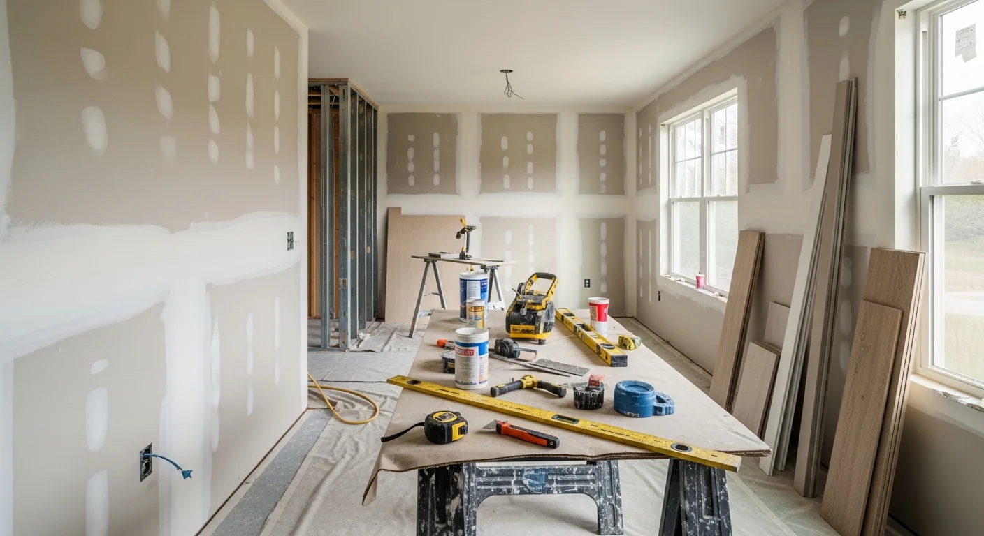 A freshly remodeled interior living space in a Buckingham, VA home, showing updated flooring, clean drywall, and new trim work completed by Moore Construction LLC. The room reflects a functional open layout typical of renovated single-family homes in Buckingham County.