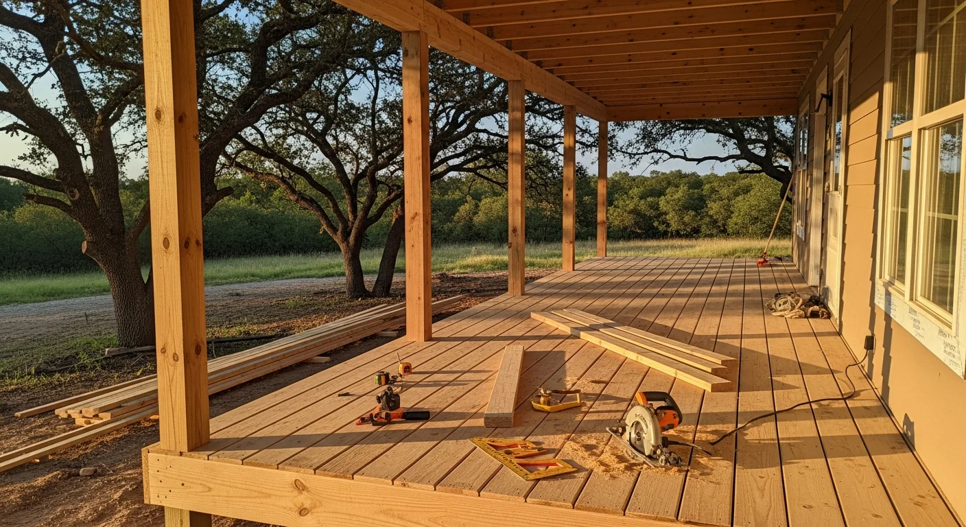 A newly built covered front porch on a ranch-style home in Buckingham, VA, with wood framing, painted railings, and a view of a tree-lined rural lot. Moore Construction LLC carpenter work shown on a residential property in Buckingham County, Virginia.