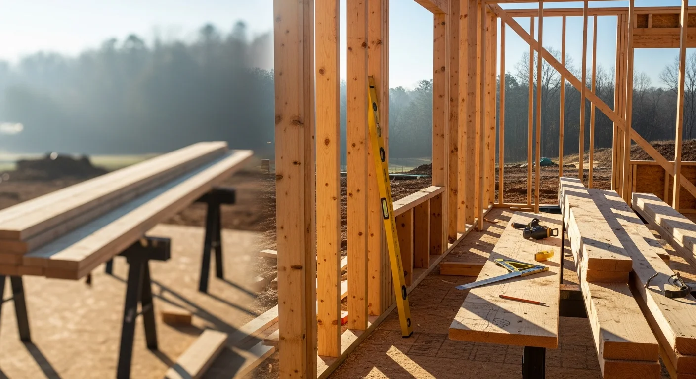 Structural wood framing of a new single-family home on a rural lot in Buckingham, VA, showing wall studs, floor joists, and roof rafters at the rough framing stage. A general contractor crew works on the frame against a backdrop of wooded Virginia countryside.