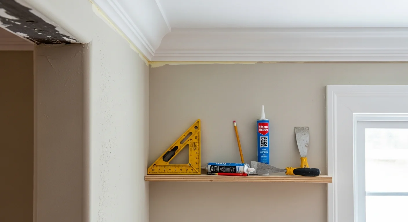 Freshly installed white crown molding and baseboards in a Buckingham, VA home interior, showing tight corner joints where the walls meet the ceiling and floor. A carpenter's work is visible along a painted wall with a door casing fitted cleanly on each side of the frame.